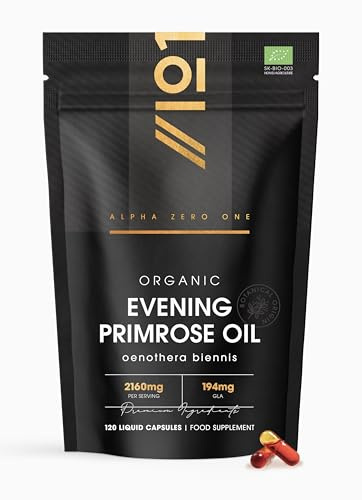 Organic Evening Primrose Oil 2160mg – 195mg GLA – 120 Vegan Liquid Capsules – Cold-Pressed Rich Source of Omega 6 – Resealable and Recyclable Pouch by Alpha01