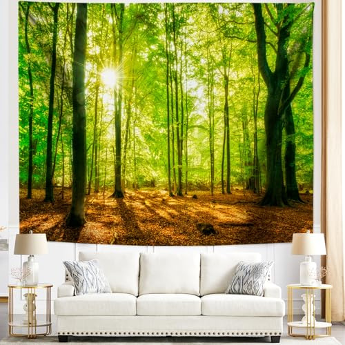 Lirzxin Wandtücher Wald, Wandteppich Grün Braun Sonnenschein Wald Landschaft Wandtuch Tapisserie für Schlafzimmer Wohnzimmer Wohnheim Wanddeko, 200x200CM