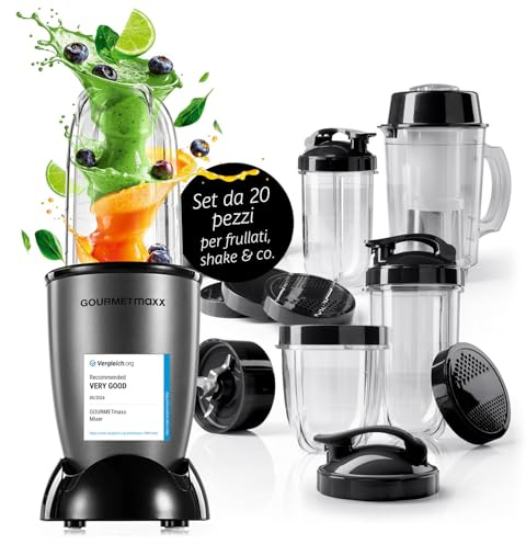 GOURMETmaxx Mr. Magic Power Pro Mixer 400 watt | Frullatore per smoothie con coperchio da asporto | Frullatore da tavolo con caraffa e coperchio | Con kit accessori XL per frappè, smoothie, ecc.