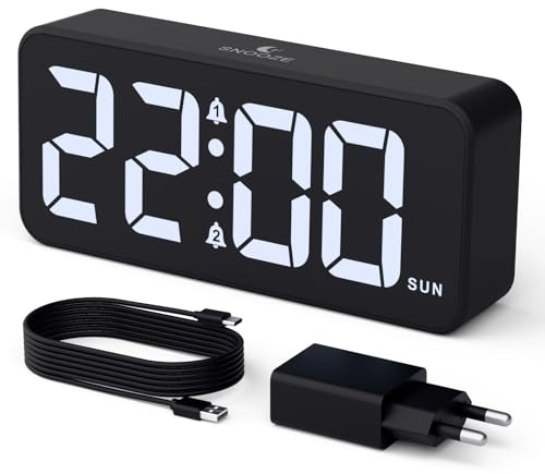 CHEREEKI Wecker Digital mit Großem LED-Display, 10 Klingeltönen, Doppelalarm, 3 Alarmplänen, Schlummerfunktion, Einstellbarer Helligkeit und Lautstärke, Netzbetrieb, Adapter enthalten