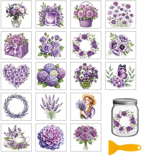 GLOBLELAND 18 Sheets Purple Flowers Rub on Transfers for Crafts Lavender Decals Stickers 3.9x3.6inch Florals Cup Transfer Stickers for Home Furniture Vase Glass Art Crafts Decorations