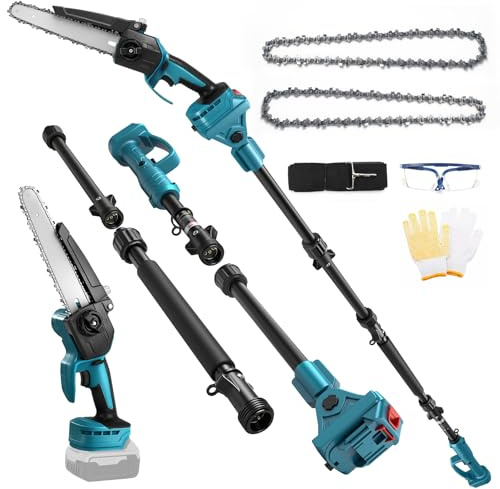 2-en-1 Mini-Tronçonneuse 8 Pouces avec Perche Télescopique Compatible avec Batterie Makita, Tronçonneuse Sans Balais avec Portée Max. de 15 Pieds pour Élagage des Branches d'Arbre(Sans Batterie)