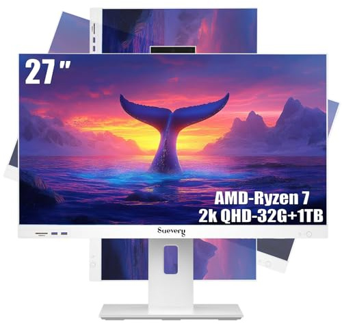 suevery 27Inch（2560×1440） All-in-One Office Desktop Computer | 27 2K QHD Business All in One PC | Ryzen 7 5700G 8Core Up to 4.6G |32GB RAM | NVMe 1TB SSD | Wi Fi 6, Mouse and Keyboard Included Home