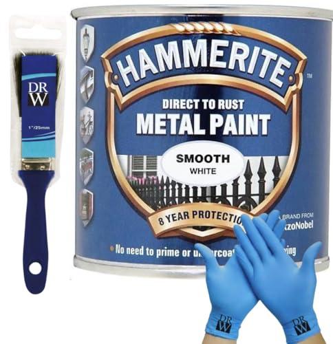 DRW Hammerite Direct to Rust Metal Paint Smooth White 250ml 1 Paint Brush & Free Nitrile Gloves | Durable Anti-Rust Protection for Indoor & Outdoor Metal
