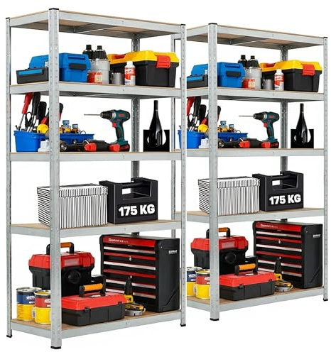 LUXTROUS Garage Shelving Units 5-Tier Storage Shelves Pack Of 2, 175kg Per Shelf, 5mm MDF Boards, Shed Storage Racking Shelf Adjustable Metal BOLTLESS Design for Living Room,Office(Silver,70x30x150cm)