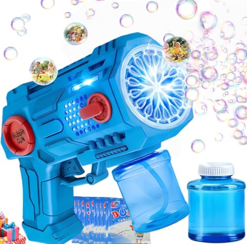 Seifenblasenmaschine mit LED-Licht, 10000+ Automatische Seifenblasenpistole für Kinder & Erwachsene, 16-Loch Bubble Gun inkl. Seifenblasen Flüssigkeit für Hochzeit, Geburtstag, Party, Outdoor (Blua)