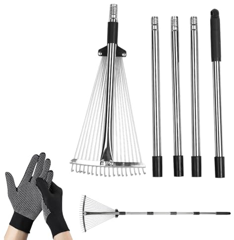 Behogan Rastrillo ajustable con mango: 207 cm, mango ergonómico, escoba abanico ajustable, metal duradero con nailon y PVC, guantes antideslizantes para jardín, para jardinería y recolección de hojas