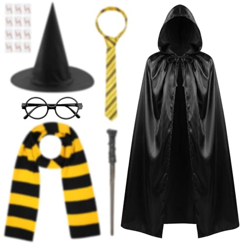 AUYAO Capa Negra con Capucha, Set Mago Adultos, Sombrero, Gafas y Bufanda | Corbata, Varita Mágica, Tatuajes Adhesivos, Carnaval Halloween, Mundial Libro