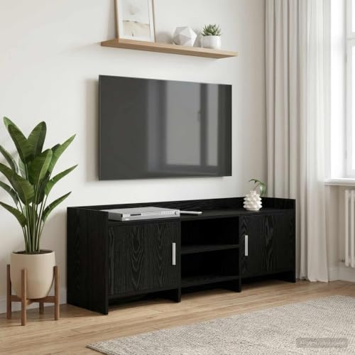 Boltkex TV-Lowboard 130 x 33 x 47 cm, svart ek trämaterial med 2 dörrar, 2 hyllfack, kabelgenomföring för TV-bänk mediemöbler i vardagsrummet hemmabio