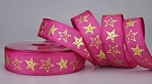 finemark Dekoband Bright Stars PINK Gold 20 m x 25 mm (Rolle) Stoffband mit Draht Sternen Motiv Weihnachten Advent Premium