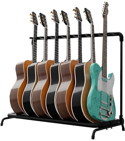 Flexzion Multi-Gitarrenständer für 7 Verschiedene Halterungen – Universeller Instrumentenständer, zusammenklappbar, gepolstert, Aufbewahrung, Organizer, Band Stage Bass Slot für elektrische