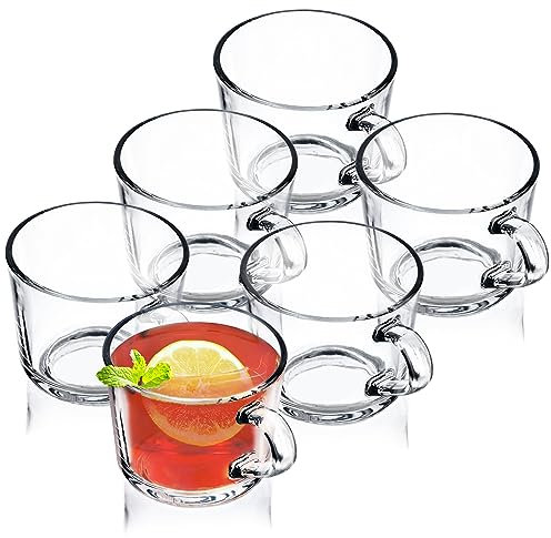 KADAX Tazze da Tè in Vetro Trasparente per Bevande Calde e Fredde, Bicchieri da Caffè con Manico e Base Stabile, Tazzine per Tisane (Set di 6, 270 ml)