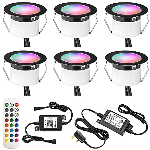 INDARUN RGBW WiFi-LED-Terrassenleuchten, wasserdicht, IP67, Ø45 mm, 12 V, Bluetooth-LED-Sockelleuchten für Terrasse/Terrasse/Weg/Wand/Garten/Dekoration, 6 Packungen