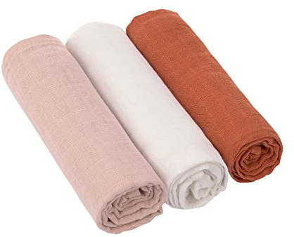 Lässig Puck Manta de bebé pañales Muselina Set de 3 Piezas algodón 85 x 85 cm/Swaddle & Burp Blanket L Pink/Milky/Rust