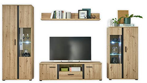 Stella Trading Canada Kanada-Set Completo da Parete in Legno di Quercia, Colore, Illuminazione per Il Soggiorno, ingegnerizzato, Rovere Artisan/Nero, 340 x 196 x 40 cm