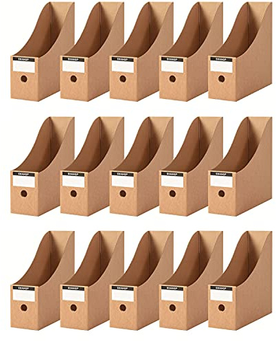 Fiyerna Foldable Desk File Holder Organizer Sturdy Cardboard Magazine Storage Box Document Rack with Blank Label Stickers for Home School Office (15, Brown)