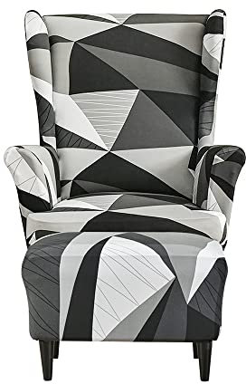 Highdi 2 Teilig Ohrensessel Überzug Mit Ottomane Schonbezug, Sessel-Überwürfe Ohrensessel Schonbezüge Bezug Sesselhusse Stretch Tiger Stuhlbezug mit Armlehne Hohe Rückenlehne (schwarz geometrisch)