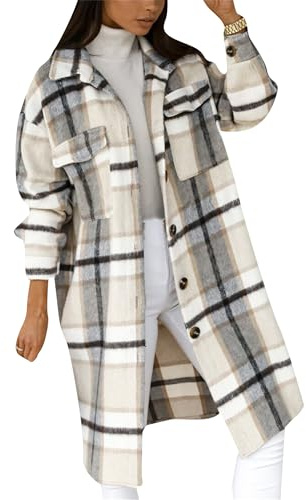 Yming Frauen Lange Revers Vintage Jacke Plus Größe Tartan Mit Tasche Jacke