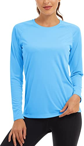KEFITEVD Long Sleeve Workout Tops for Women UPF 50+ Quick Dry Rash Guard for Outdoor Sports Basic Swim Shirts Waterfall Blue M