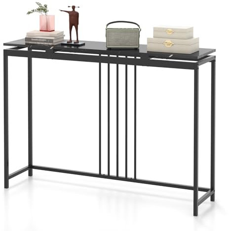 COSTWAY Konsolentisch schwarz, Eingangtisch Holz mit Marmor Optik, Beistelltisch mit schwarzem Metallgestell, Flurtisch modern, 120 x 30 x 90cm