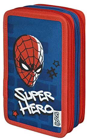 Spider-Man Tripledecker Federmäppchen inkl. Stiften, Radierer, Lineal etc. I Schlampermäppchen im Spiderman Design I Etui für die Schule