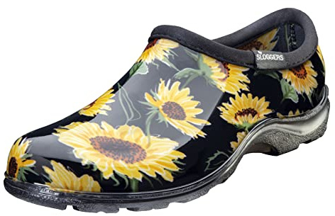 Sloggers Original Waterproof Rain and Garden Shoe for Women– Outdoor Slip-On Garden Clog - Made in The USA with Premium Comfort Insole and Arch Support - Sunflower Print Black, Size 8