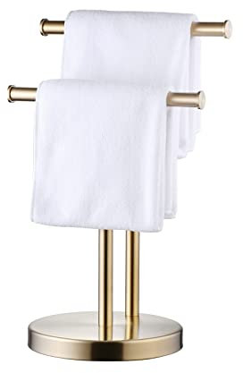 SHUNLI Handtuchhalter Ständer, Doppel T-Form Handtuchständer Rack für Badezimmer Arbeitsplatte, SUS304 Edelstahl, gebürstetes Gold