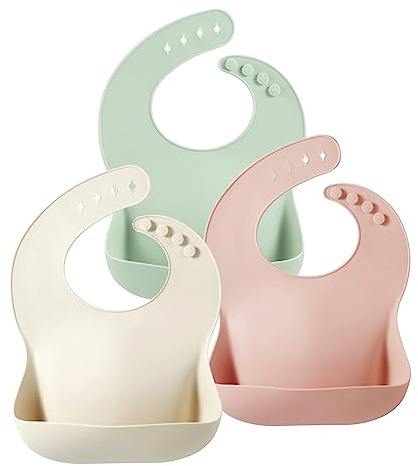 PandaEar Set di 3 Bavaglini in Silicone per Bambini e Neonati, Senza BPA, Impermeabili e Regolabili con Ampia Tasca Raccogli-Food