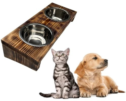 Futterstation schräger Doppelnapf Pet Diner Geflammt Holz Ständer Hundenapf Katzennapf Hundebar Futterbar 7-12 cm 2x0,9 L