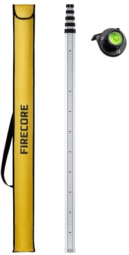 Firecore Nivellierlatte, Teleskop Nivellierlatte 5m, Aluminium Messstangen für Kreuzlinienlaser und Rotationslaser, Masslatte mit Libelle & Nylontasche, 5m Länge In 5 Segmenten, cm/mm Einteilung)