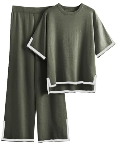 Famulily Tute da donna a girocollo a blocchi di colore lavorato a maglia con pantaloni a gamba larga a vita alta con orlo spacco laterale S-XL, Verde militare, M