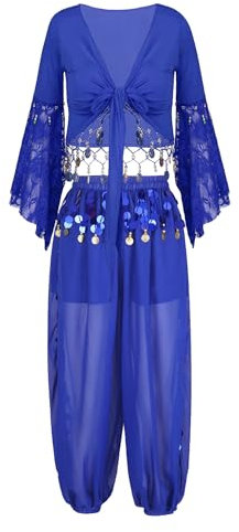 Freebily Damen Bauchtanz Kostüm Indische Tanzkleider Puffärmel Münzen Bauchtanz Oberteile Pluderhosen Rock Belly Dance Outfit Königsblau_A XL