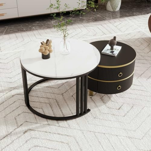 PUGSDRLY Table Basse Ronde Set de 2,Table Salon avec Tiroirs,Motif de Marbre,pour Salon Balcon,Blanc et Noir