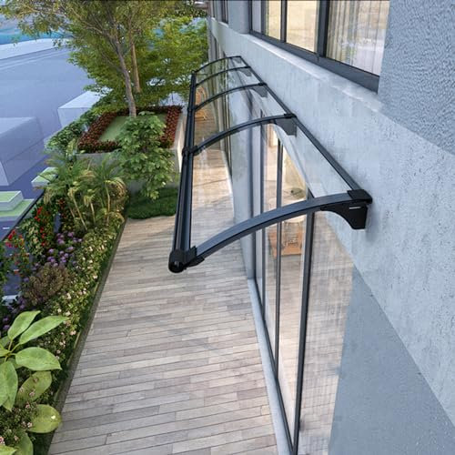Vordach für Haustür mit Regenrinne Überdachung Eingangstür Sonnenschutz Regenschutz Markisen Hauseingang Pultbogenvordach aus Aluminium und Polycarbonat Tür Terrasse Balkon (100×300cm)
