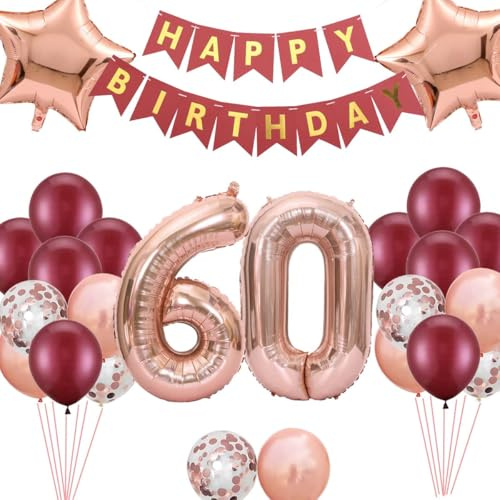 60 Geburtstag Dekoration Frau, Luftballons 60 Geburtstagsdeko Frau, Weinrot Deko 60 Happy Birthday Banner Rosegold 60. Luftballons Konfetti Ballon Geburtstag Frauen(60.)
