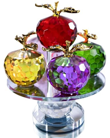 HDCRYSTALGIFTS Figurines de pommes en cristal à facettes de 5 pouces en 5 couleurs, statue de pomme en verre, objets de collection avec base rotative pour décoration de table à la maison
