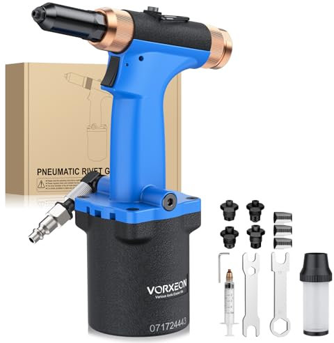 VORXEON Pneumatic Rivet Gun Light-Weight 2205 lbf 1000 kgf Pull.Air Rivet Gun Set with 4 Replaceable nozzles (3/32, 1/8, 5/32, 3/16). 360° rotatable air Fitting. Ideal for DIYers and pros.