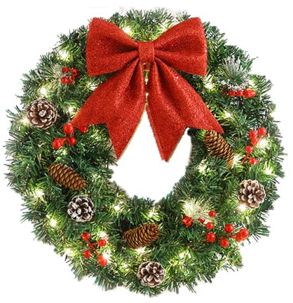 FOUDAY Christmas Wreath with Light, 15.74in/40cm Artificial Wreath for Front Door, Wall or Fireplace