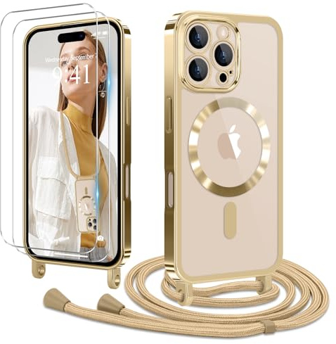 Ethanger für iPhone 16 Pro Hülle mit Band + 2 Schutzfolie, Gold | Handyband Transparent Silikon Handyhülle, Magnetische Schutzhülle Case zum Umhängen Kordel