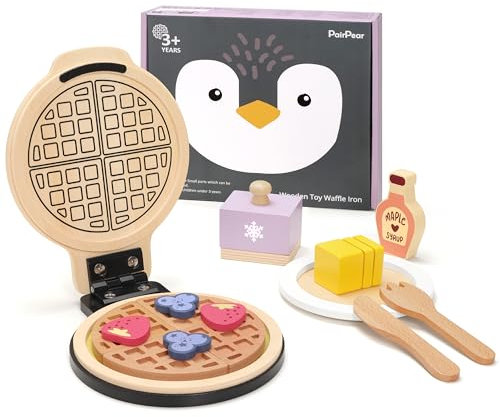 PairPear Machine à gaufres en bois - Jouet alimentaire - Jeu de rôle - Accessoires de cuisine - Kit de petit-déjeuner et de thé pour enfants - Cadeau pour filles et garçons à partir de 3 ans