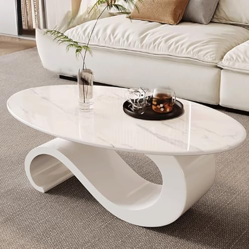 GUQASDV Couchtische Wohnzimmer, Beistelltisch Couch, Wohnzimmertisch Modern, Tisch Wohnzimmer Klein Oval aus Schiefer + Eisen für Veranda(White with Texture,Small)
