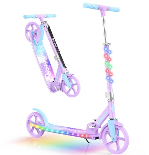 BELEEV V9 Patinete de 2 Ruedas, City Scooter con LED Luces Stem & Deck, 4 Altura Ajustable, Big Wheel 200mm Plegable Scooter Adult con Correa de Transporte para 6+ Niño Niña y Adulto, Blue Purple