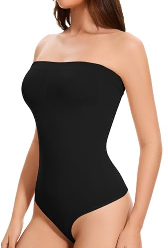 ONEW Strapless Bandeau Shapewear Bodysuit for Women Cami Thong Bodysuit Top with Removable Spaghetti Straps Tummy Control Tanga Body Shaper Black L