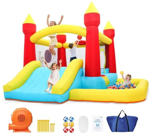 Toiyjofe Bounce House for Kids 3-6,Inflatable Bouncer with Air Blower, Toddler Bounce House with Slide, Family Backyard Bouncy Castle, Includes Repair Kit & Storage Bag