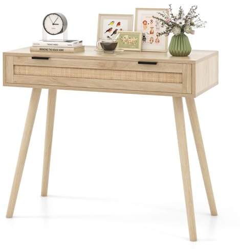 COSTWAY Table Console Bois, Table Console de Salon Rotin avec Tiroir, Design Cannage, Style Bohème, Coiffeuse en Bois, pour Chambre, Couloir, Entrée, Salon, Naturel