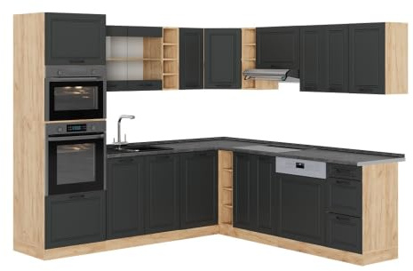Vicco Eckküche R-Line, Anthrazit Landhaus/Goldkraft Eiche, 247 x 237 cm | 14 Module · Höhenverstellbare Füße · Ohne Arbeitsplatte · MDF-Fronten · Mit Backofen-/Mikrowellenschrank
