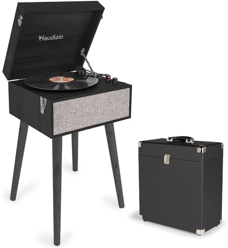 Audizio Fremont Retro Record Player with Legs & Speaker, LP Case, Black | Bluetooth, USB MP3 recording conversion, 3-speed, holds 35 records, padded corners