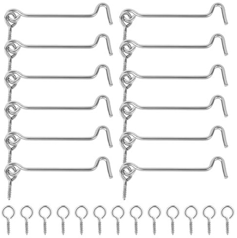 FdcLixuvol 12 Stücke Sturmhaken mit Ösen Edelstahl Kabinenhaken mit Verschlusshaken Silber Befestigungsschrauben für Türen Fenster Zäune Fensterriegel Gartentüren, Scheunentore（9.2cm）