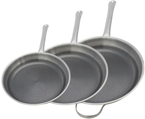 ELO 9349950 Lot de 3 Poêles 24, 28 et 32 cm en Acier Inoxydable 18-10, Poêle sans PFAS, Antiadhésive, Induction, Revêtement Antiadhésif Minéral sans PFAS, Inox 18-10, Aluminium, Gris, 24, 28 et 32 cm