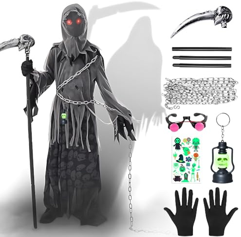 Vmxlso 8 Pezzi Costume da Tristo Mietitore Bambino, 131 cm Grim Reaper Costume, Mietitore con Cappuccio, Falce, Occhiali Luminosi, Cintura a Catena, Tristo mietitore costume per Halloween Party Cospla